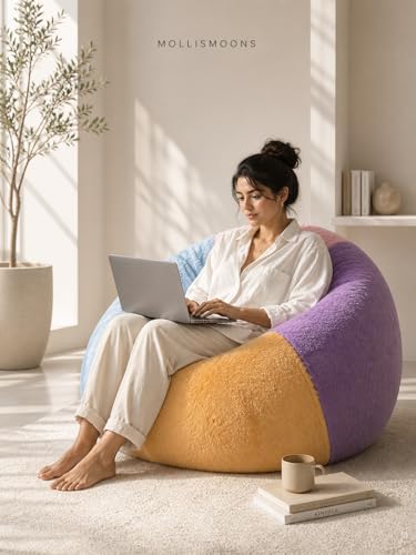 Image of Mollismoons Faux Fur Bean Bag Chair Cover for Adults & Kids | Luxury Lounger & Round Floor Sofa Seating | Modern Cozy Feel | No Beans Included (Pestal, Teardrop)