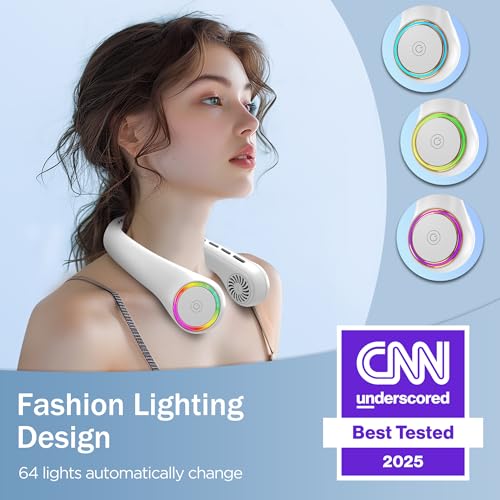 GULAKI Neck fan, Portable Fan with 5-17H Lifespan, 4000mAh Neck fan air conditioner with 3 Adjustable Speeds and 64 Cool Lights, Rechargeable Neck Fan, Hands-Free Cooling Neck fan for Summer (White)