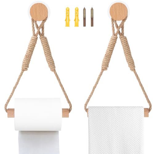 Zaxiva Colgador Papel Higienico de Pared de Madera y Cuerda, Sin Taladrar, Juego de 2 Piezas Porta Papel Higienico de Baño, Portarollos Papel Higienico de Estilo Industrial con Autoadhesivo Conectar