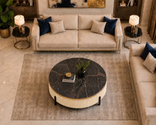 Image of WOODEN SPACE Premium Luxury Nazaara Marble-Top Coffee Table with Iron Legs & PVD Coating | Modern Round Wooden Center Table for Living Room & Entryway