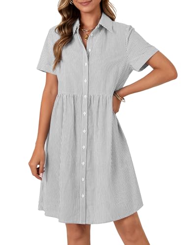 Image of Rooscier Women's Striped Shirt Dress Button Down Collared Short Sleeve Mini Dress