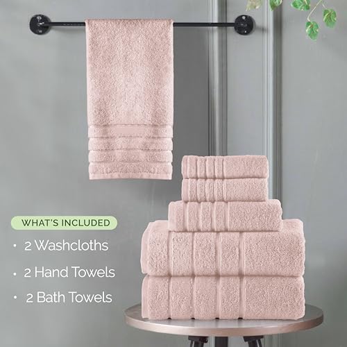 Image of Elegant Comfort 4 Lines Viscose Stripe 6-Piece Premium Towel Set - 100% Turkish Cotton High Absorbent Luxury Bathroom Towels - Includes 2 Washcloths, 2 Hand Towels and 2 Bath Towels Set, Dusty Rose