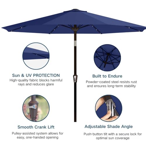 Image of 9' Solar LED Patio Umbrella with Tilt & Crank|8 Sturdy Ribs,UV Protection,Outdoor Market Table Umbrella for Deck,Lawn,Pool,Backyard(Navy)