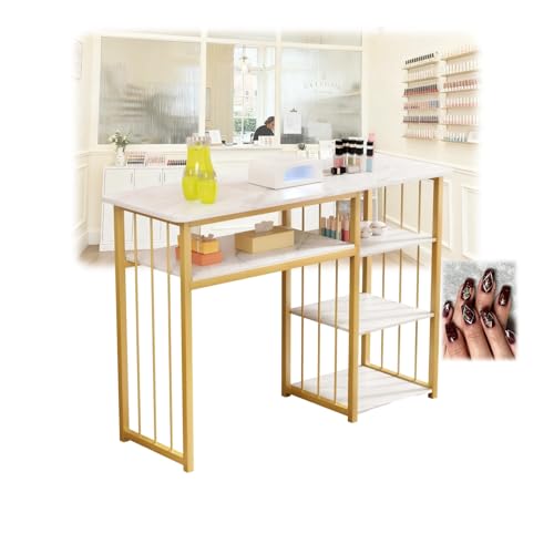 Nagelschreibtisch – geräumiger Maniküretisch mit mehreren Regalen, professionelle Salon-Spa-Nagelstation, Marmorierstruktur, ideal für Nagelkunst und Schönheitsdienste