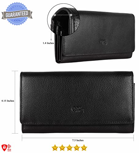 Image of Women's Top Grain Leather Wallet, RFID Blocking Bifold clutch, 17 Card Slots, Zip Pocket Organizer, Elegant Gift for Women - Birthday, Valentine, Anniversary - PEBBLES BLACK