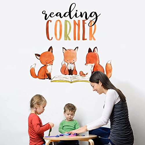 Mfault Foxes Reading Corner Baby Boys Girls Wall Decals Stickers, Removable Woodland Animals Read Books Nursery Playroom Decorations Bedroom Classroom Art, Bird Kids Library Toddler Room Decor #TOP4