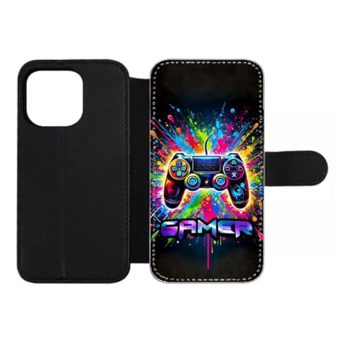 Étui cuir iPhone 15 Pro anti-choc avec fermeture magnétique style manette gamer