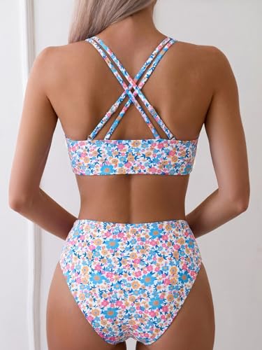 Image of Fanuerg Women's Sexy V Neck Bikini Sets Hollow Out Two Piece Swimsuits Cutout Mid Waist Bathing Suit