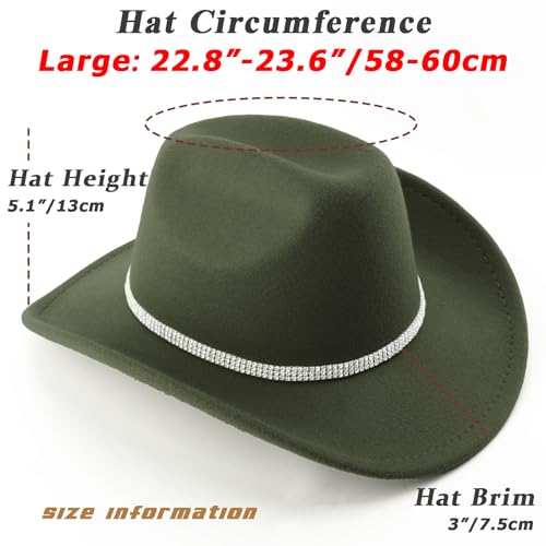 Image of DRESHOW Glitter Cowboy Hat Classic Western Rhinestone Cowgirl Hat Outdoor Wide Brim Retro Felt Fedora Hats Rolled up Caps