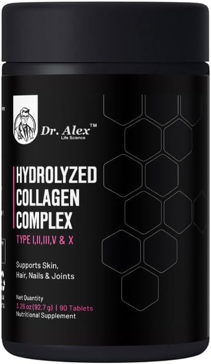 Miniatura 2 de Dr. Alex Life Science Complejo de colágeno hidrolizado 90 comprimidos  Tipo I, II, III, V y X  Péptidos de colágeno múltiple para piel, cabello,