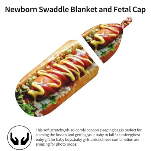 Image of Funny Food Newborn Swaddling Blanket Beanie Hat Sets Soft Baby Receiving Funny Hot Dog Food Blanket Soft Sleeping Bag New Born Soft Sleep Sacks for Boys Girls