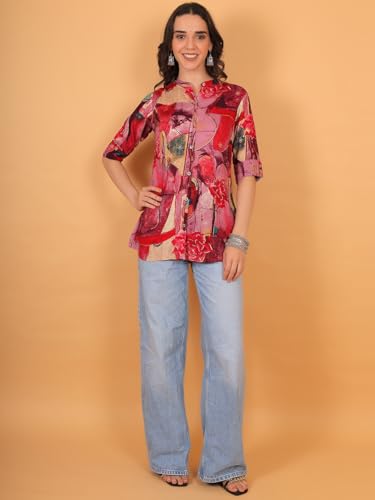 Image of FIMS - Fashion is my style Rayon Abstract Printed Short Kurti for Women, Tunics Tops, Ethnic Wear for Office, Flared, Mandarin Collar V Neck, Roll-Up Sleeves, Summer Wear, Ideal Gift for Girls