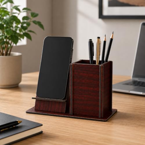 Image of Zesta Wooden Desk Organizer Pen Stand Remote Holder Card Slot | Table Accessory Office Desk Study Room | Pencil Storage Stand Stylish Workspace Decor (Rosewood, Mobile Holder + Pen Holder)