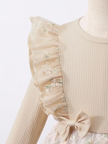 Image of Tagas Girls' Dress|Elegant Beige Baby Girl Dress with Lace Ruffles & Floral Embroidery - Long Sleeve Princess Birthday Party Dress | Comfortable & Stylish Kids Wear| PartFrock for Kids |