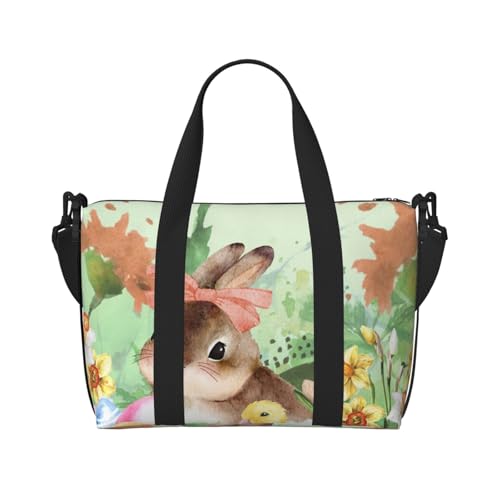 Watercolor Bunny Flower Travel Duffel Bag Easter Eggs Carry On Tote Bag for Women Large Shoulder Weekender Overnight Bag Sports Gym Bag