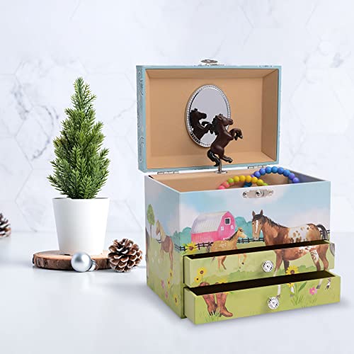 Jewelkeeper Dancing Horse Musical Jewellery Box with 2 Drawers - Colorful Horse Barn Design - Home on the Range Tune - Music Box for Girls - Storage for Necklaces, Bracelets, Earrings and Keepsakes.