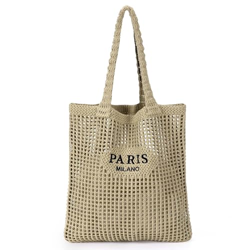 Image of Ayieyill Crochet Tote Bag For Women, Crochet Mesh Beach Tote Bag Summer Vacation Aesthetic Boho Knit Bag for Women