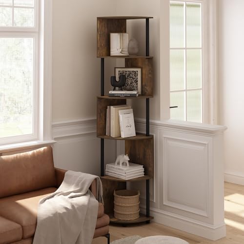 Image of Furinno ECON Corner Shelf, 5-Tier Corner Book Shelf, Zigzag Storage Shelves, Display Rack, Bookshelf, for Organization and Storage, Living Room, Home Office, Amber Pine