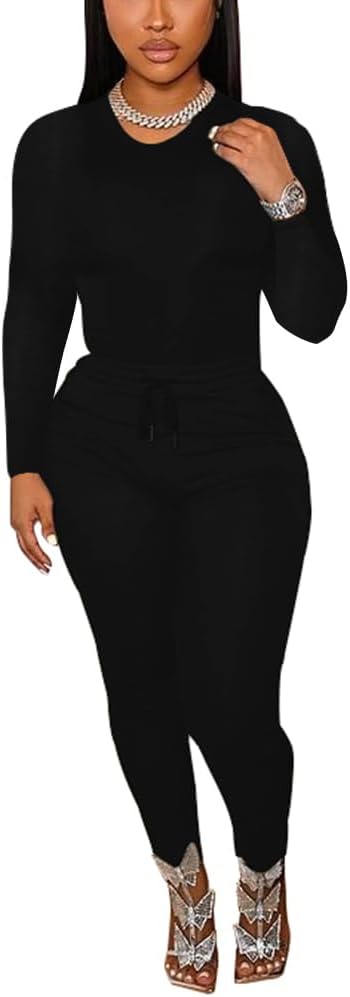 TOPSRANI Womens Two Piece Outfits Bodycon Tracksuit Sweatsuits Solid Jogger Workout Gym Biker Lounge Long Sleeve Pant Sets - Image 3