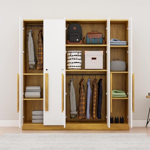 Image of Bniture 5 Door Wardrobe for Bedroom with Lockable Door & Hanging Space | Almirah for Clothes with Elevated Bottom Base | Wardrobe for Storage | 3 Years Warranty (Giant Wood & Frosty White, 5 Door)