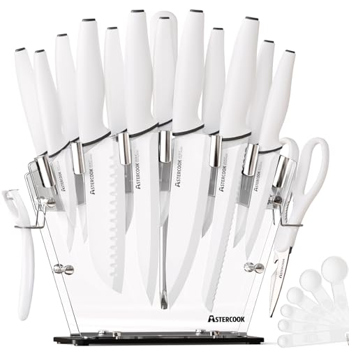 Astercook Knife Set with Block and Sharpener, 22 Piece Kitchen Knife Set Dishwasher Safe, Space-Saving Clear Knife Block with Knives for Everyday Home Cooking White Mothers Day Gifts