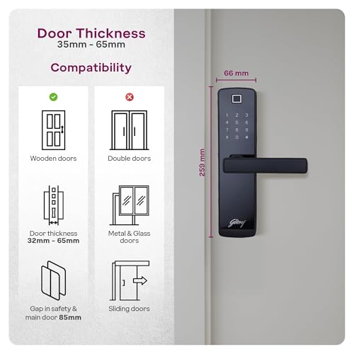 Image of Godrej Smart Lock I Catus Touch Plus I Digital Lock for Wooden Door I 4in1 Access I Fingerprint | RFID I PIN Access I Mechanical Key I 3 Dead Bolts I Black I 3 Yr Warranty