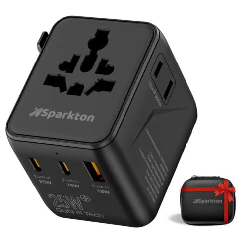 Universal Travel Adapter 25W GaN III Fast Charging 2 USB-C + 1 USB-A Ports Works in 200+ Countries EU/UK/USA/AUS Plug Compatibility All-in-One International Power Adapter with Carry Case