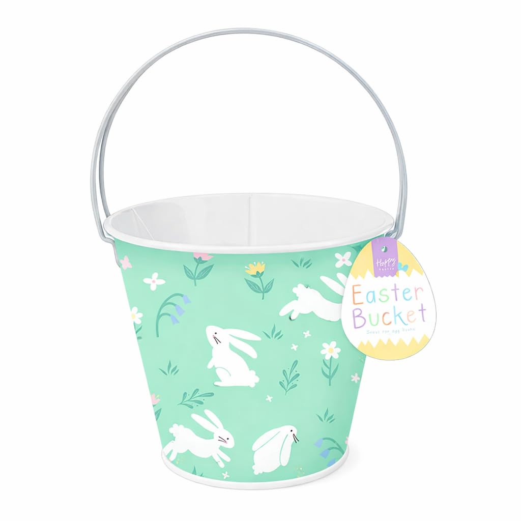 Gem Imports Multicolour Mint Green Bunnies Easter Egg Hunt Tin Bucket 16Cm – Metal Easter Basket With Handle For Egg Hunts, Sweets & Seasonal Gifts