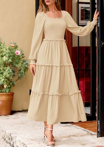 PRETTYGARDEN Fall Dresses for Women 2025 Long Sleeve Smocked Square Neck Swiss Dot Tiered Flowy Wedding Guest Maxi Dress