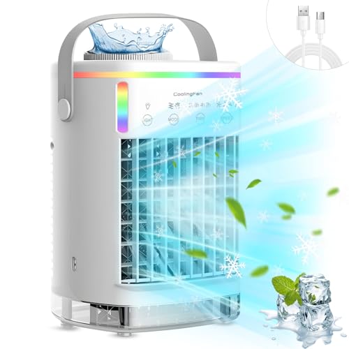 Portable Air Conditioner, Air Cooler Mini Air Conditioner, Small Air Conditoner Cooler Fan with 4 Speeds & Cool Mist, 2-8H Timer, 7 LED Lights for Personal Use Air Cooler for Bedroom Home Office Beige