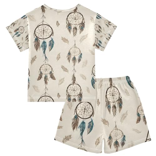 senya Feather Dreamcatcher Brown Summer Pajamas Set Short Cotton Sleepwear 2 Piece2