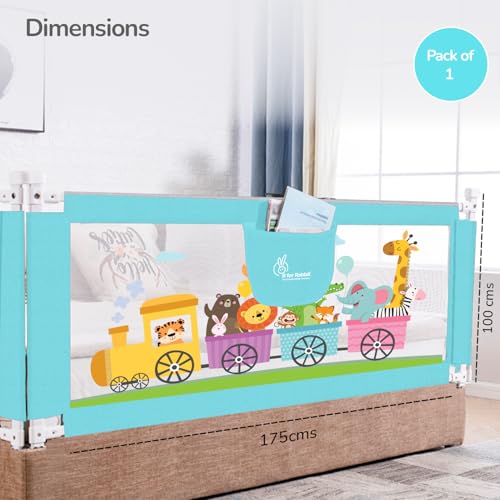 Image of R for Rabbit Safari Baby Bed Rail, (Pack of 1) One Side Bed Protector 177 x 100 cm, Anti-Fall Safeguard Toddler Safety, Adjustable Height & Foldable with Storage Pocket for Kids 5.8 x 3 ft(Blue)