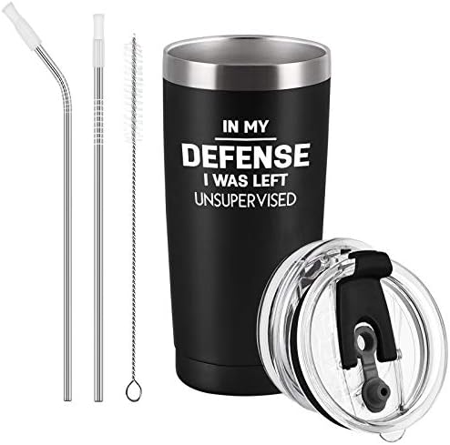 Cpskup in My Defense I Was Left Unsupervised Stainless Steel Insulated Travel Tumbler with 2 Lids and Straws, Christmas Idea for Men Father Boyfriend Coworker for Work Job Office(20 oz, Black)