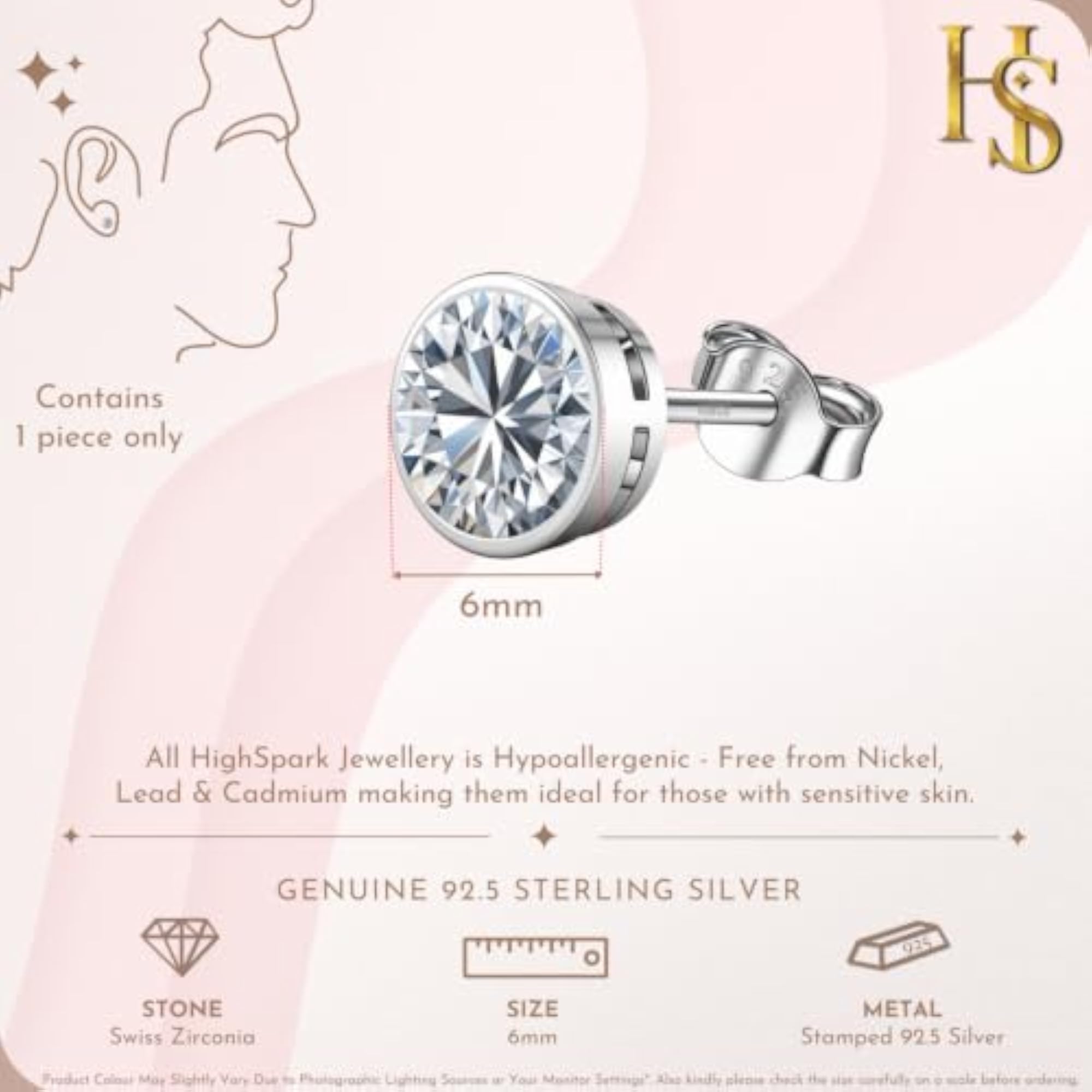 Men's 925 Silver Round Solitaire Stud Earring