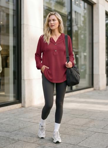 Image of Dokotoo Hoodies for Women Waffle Knit Button V Neck Casual Sweatshirt Tops