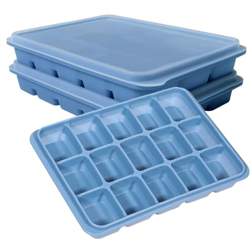 Eiswürfelform, 3 Stück 45 Fach Silikon Eiswürfelform mit Deckel, Blau Silikon Eiswürfelschale, Stapelbar Eiswürfelbehält...