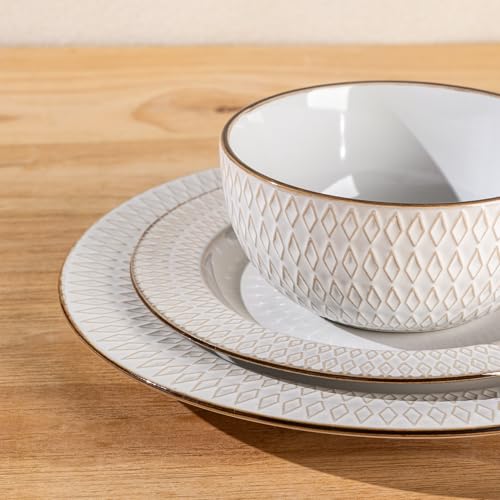 Image of GBHOME Ceramic Dinnerware Sets,18 pcs Embossed Elegant Stoneware Plates and Bowls Sets, Housewarming Wedding Gift | Dishwasher & Microwave Safe | Dishes Set Service for 6