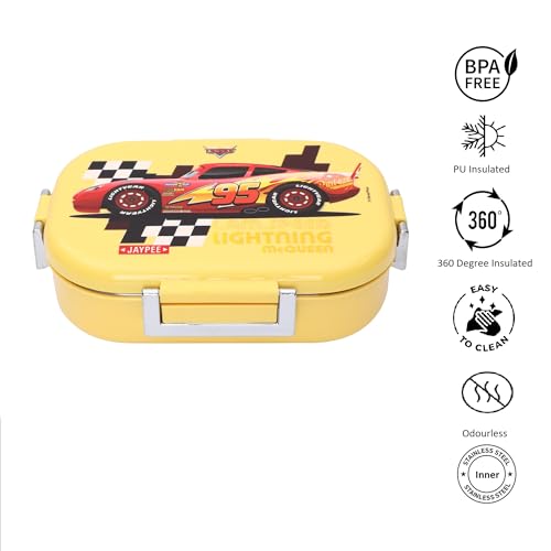 Image of JAYPEE Inner Stainless Steel Insulated Lunch Box Missteel Car Printed Airtight Tiffin Box for School Kids Girls & Boys | Bpa Free,Yellow, 500 ml