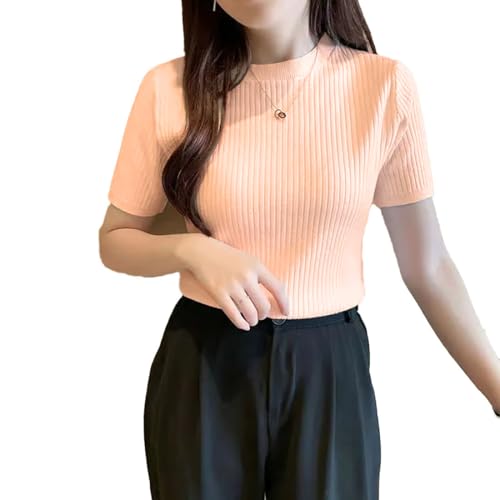 Image of Istyle Can Plain Round Neck Rib Knit Regular Top for Women (in, Alpha, S, Regular, Peach)