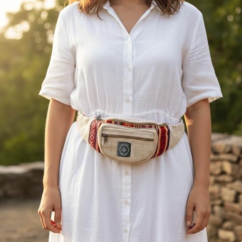 Image of Waist Bag for Men & Women | Adjustable Belt Bag Hemp-Cotton Fanny Pack | Travel Running Hiking Outdoor Crossbody Chest Sling | Eco-Friendly Lightweight Waist Bag with Multiple Zipper Pockets