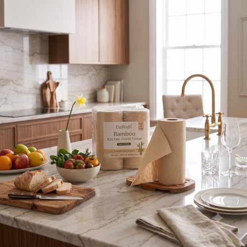 Image of Daffodil Bamboo -2 Ply Kitchen Towel Tissue Roll | 240 Pulls (60 pulls x 4 Rolls) | 100% Eco-Friendly - Pure Bamboo Pulp |Soft & Super Absorbent | Food Safe