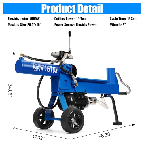 Ezasin Portable Log Splitter 16 Ton, Electric Wood Splitter Powered 17.4Amp 2.5eHP, Electric Firewood Splitting Machine with Hydraulic Pump, Horizontal Full Beam Steel Wedge, Forestry Harvesting - Thumbnail 2