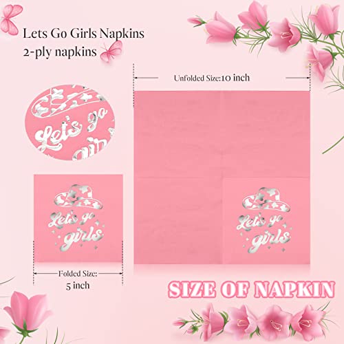 100 Pcs Let's Go Girls Napkins, Hot Pink Silver Foil Bachelorette Party Decorations Cocktail Napkins, Western Cowgirl Disco Last Bachelorette Bridal Shower Birthday Party Supply, 2 Ply, 5 X 5" #TOP3