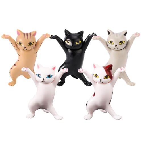 KAHZOR 5 PCS mini figurines de chat - Décoration de chaton dansant - Petite statue de chat amusante - Sculpture miniature stylo chat - Pour voiture,table,