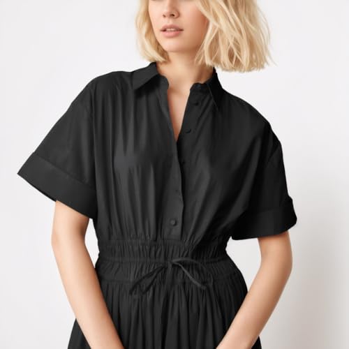 Image of Ladyful Women Casual Button Down Short Sleeve Shirt Dress Tie Waist Midi Shirt Dress Elegant Business Party