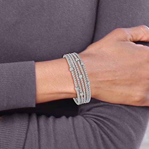 925 Sterling Silver Polished Rhodium Plated Cz Cubic Zirconia Simulated Diamond Woven Flexible Cuff Stackable Bangle Bracelet Jewelry Gifts For Women #TOP3
