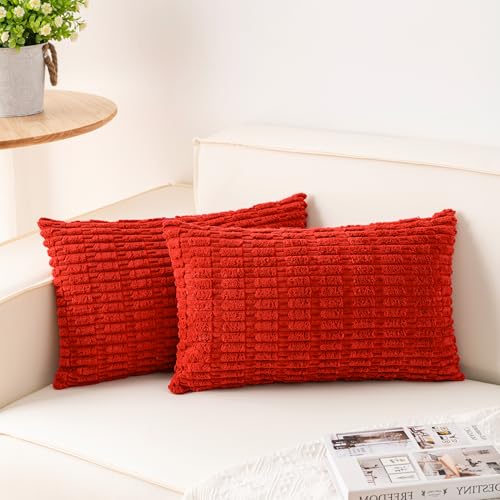 Image of Aegero Pack of 2 Corduroy Decorative Throw Pillow Covers 12x20 Inch, Red | Fall Soft Striped Pillow Covers Modern Farmhouse Home Decor Christmas Throw Pillow Covers for Sofa Living Room Couch Bed