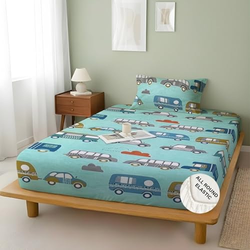 Image of Weave & Decor Kids Fitted bedsheets Single Bed 36x78x6 inch with Pillow Cover 20x30 inch, Breathable Soft Fabric, for Single Mattress
