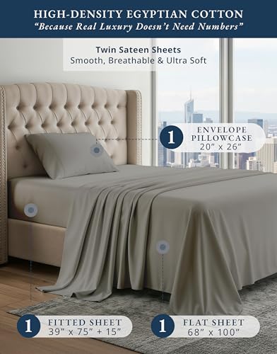 Image of LANE LINEN Twin Bed Sheets 100% Egyptian Cotton Sateen - Charcoal | Twin Sheets Set - 3-Piece Set, Ideal For Dorms And Guest Beds, Long-Staple Egyptian Cotton, Silky Hotel-Style Drape