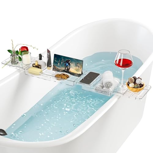 UVVRUR Plateau de baignoire réglable en plastique transparent avec évacuation de l'eau pour tablette et livres